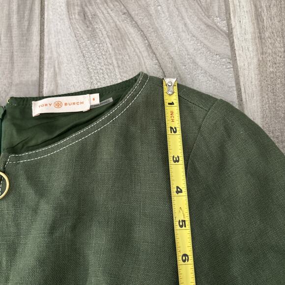 Tory Burch Nadia Dress Green Linen Short Sleeve Size 6 Belted Lined Zip Green - Picture 8 of 13